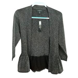 NWT August Silk Petite Black Gunmetal Silk Blend Peplum Ruffle Cardigan Size MP